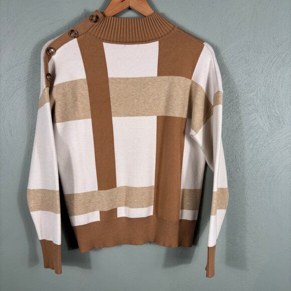 Tahari Women's Size Medium Brown Cream Plaid Button Mock Neck Knit Sweater Shirt - Picture 9 of 9